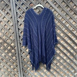 BCBGMaxazria Purple Knit Striped Fringe Poncho Sweater Tunic One Size